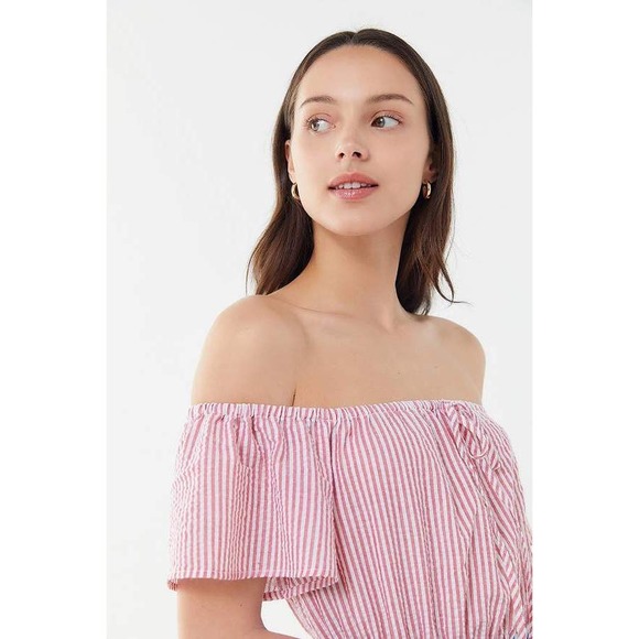 Urban Outfitters Midi Dress XS Colorblock Seersucker Striped Off Shoulder - Picture 6 of 13